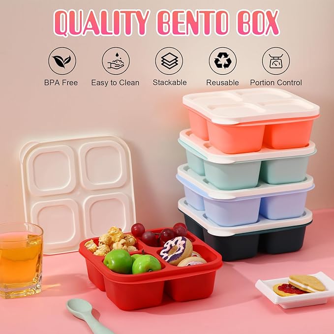 Honeydak 5 Pack Snack Containers 4 Compartment Bento Snack Boxes Reusable Lunchable Containers with Lids Divided Meal Prep Lunch Food Storage Box for School Work Travel(Melon,Equal)