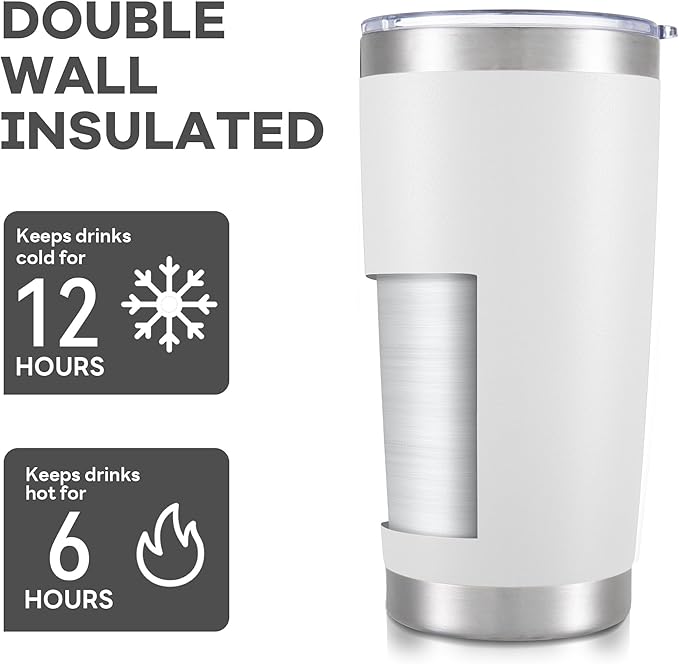 20 oz Tumbler with Lid Stainless Steel Insulated Tumblers Bulk Double Wall Vacuum Cups Powder Coated Travel Mug Keep Drinks Cold and Hot, White, 12 Pack
