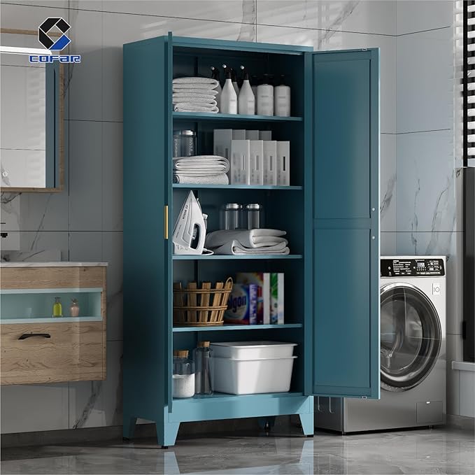 COFaR 71 in Tall Metal Storage Cabinet, Metal Cabinet with 3 Adjustable Shelves and Barn Doors, Farmhouse Cupboard Storage for Kitchen Pantry Garage, Peacock Blue 5-Tier