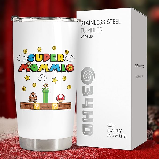 34HD Gifts for Mom Wife, Mommio Tumbler with Lid, 20 oz Vacuum Insulated Mommy Nutrition Facts Mug, Retro Game Mama Cup, Cool Gifts for Mom from Daughter Son Husband