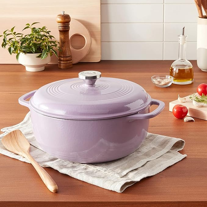 Lodge 7.5 Quart Enameled Cast Iron Oval Dutch Oven with Lid – Dual Handles – Oven Safe up to 500° F or on Stovetop - Use to Marinate, Cook, Bake, Refrigerate and Serve – Lilac