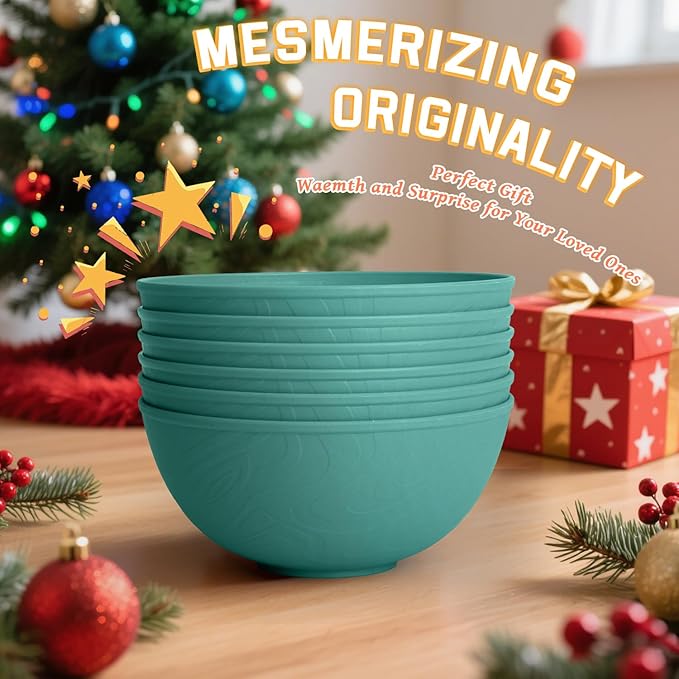 Homienly Wheat Starw Bowls, Bowl Set, Large Cereal Bowls, Serving Bowl Set of 6, Microwave and Dishwasher Safe, 40 OZ, Large Bowls for Salad, Soup, Ramen, Fruit,Dinner, Reusable, Stackable - Green