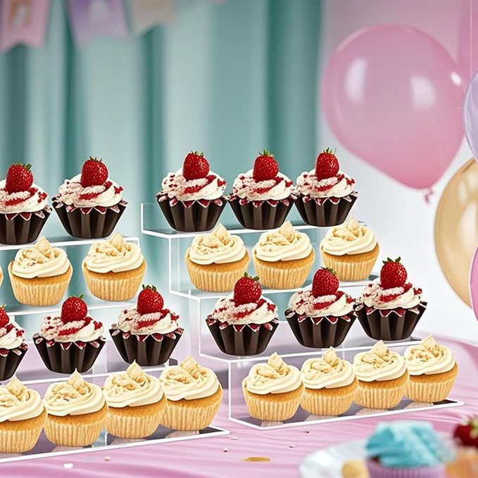 Large 2 Pack Acrylic Display Risers - 4 Tier Shelf Cupcake Stand, Clear Perfume Organizer, 12 Inch Riser Stand for Figures, Desserts & Party Decor
