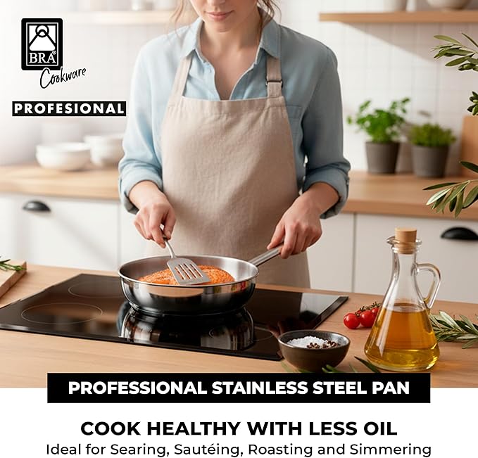 BRA COOKWARE Profesional 3 Frying Pan Set | 8 + 9.5 + 10.2 inches Professional Skillet | Stainless Steel Pan w/o Non-Stick | All Stovetop Compatible Skillet | 100% FOA Free | Brushed Finish