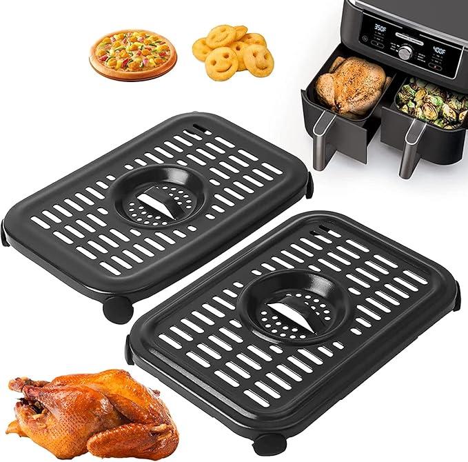 Air Fryer Grill Pan for Ninja Foodi DZ090/DZ201/DZ100（US）AF300（UK）6-in-1 7.6L Dual Zone Air Fryer, 2-Pack Replacement Crisper & Grill Plates with Rubber Bumpers, Dishwasher Safe