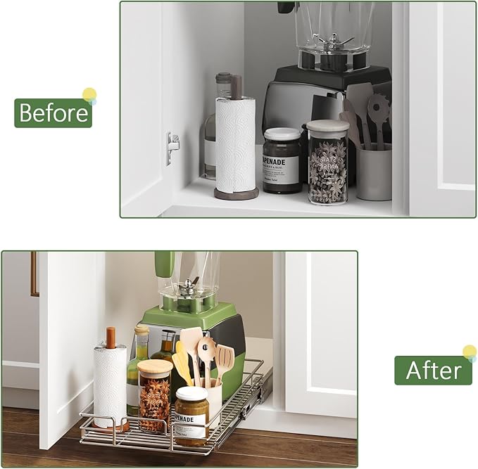 Pull Out Cabinet Organizer 10½" W x 21½" D, Heavy Duty Cabinet Pull Out Shelves, Slide Out Drawers Organization for Kitchen Cabinets Bathroom