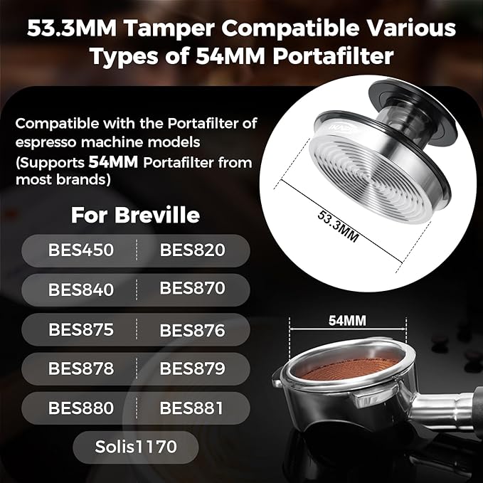 IKAPE 53.3mm Calibrated Spring Espresso Tamper, Threaded Stainless Steel Base for 54mm Breville Portafilters, Semi-Transparent (New Upgrade)