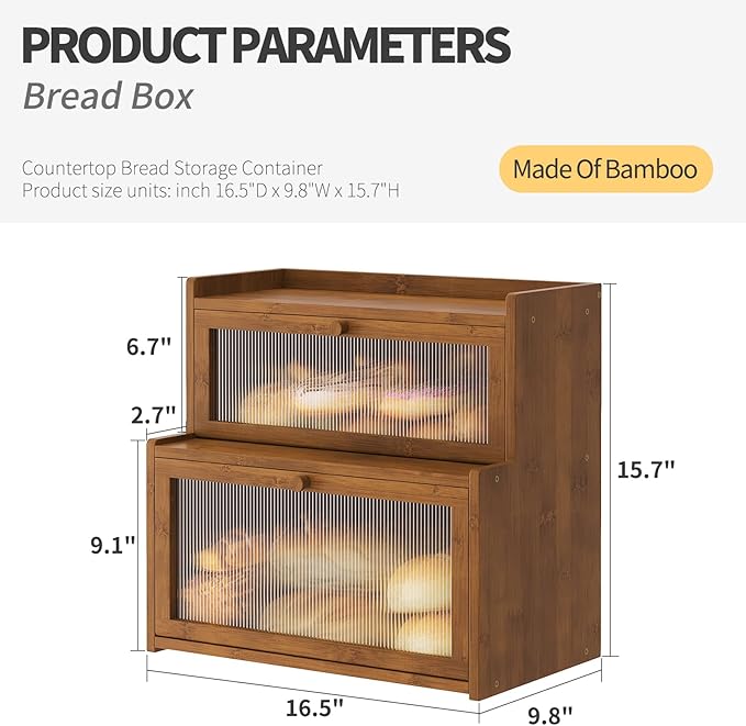 Double Layer Bamboo Bread Box for Kitchen Counter,Bread Holder,Countertop Bread Storage with Window (Brown)