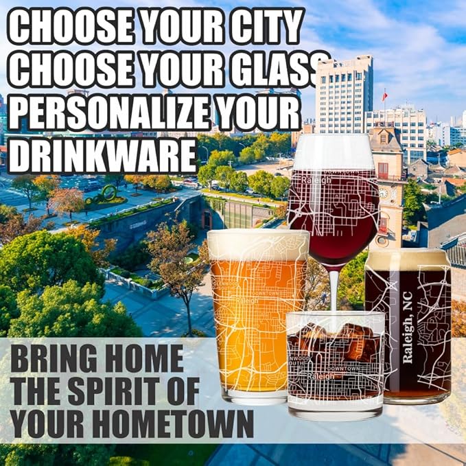 Blue Ridge Mountain Gifts - Raleigh Souvenir - North Carolina Glassware Gift, Etched City Map, Laser Engraved and Dishwasher Safe