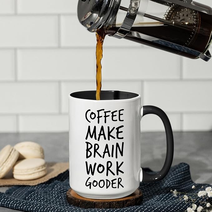 Veracco Coffee Make Brain Work Gooder Mug Funny Coffee Lover Gift Humorous Idea Family Friends Birthday Presents Sarcastic Office Tea Cup Caffeine Addict Brain Booster Gooder Vibes