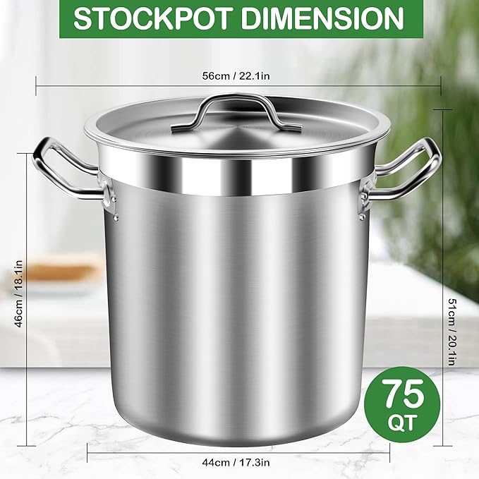 Extra Large Stock Pot 75 Quart – Heavy Duty Stainless Steel Soup Pot with Lid – Commercial Grade Cooking Stockpot for Boiling, Canning or Large Family Meals