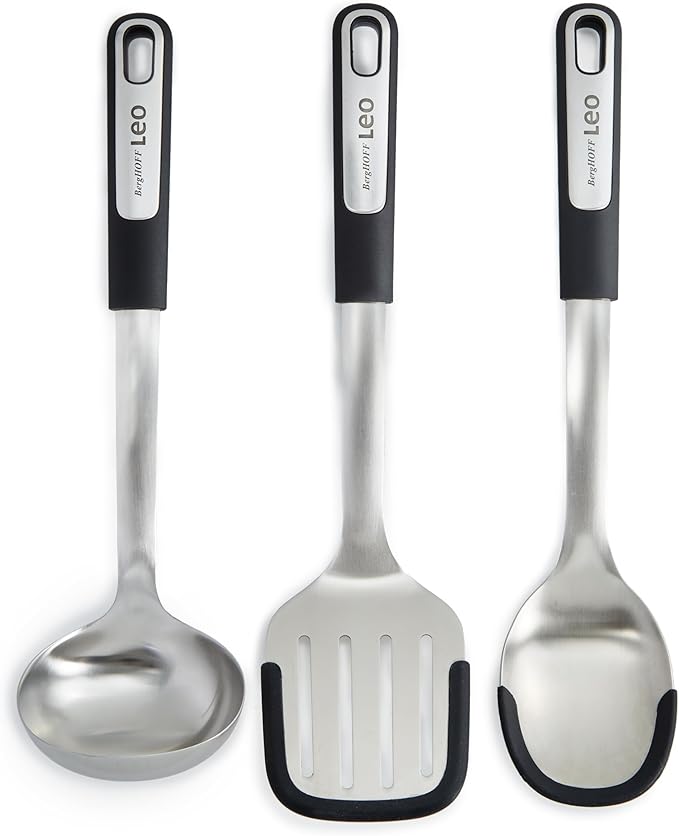 BergHOFF Graphite 3Pc Cooking Utensil Set, Recycled Material, Slotted Turner, Serving Spoon, Soup Ladle, Stainless Steel Head with Silicone Head, For Nonstick Cookware