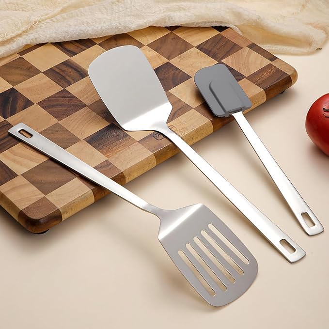 Berglander Stainless Steel Spatulas Set 3pcs, Metal Spatula Solid&Slotted&Flexible Turner, Heavy Duty Sturdy Kitchen Spatula, High Heat Resistant Cooking Utensils for Nonstick Cookware