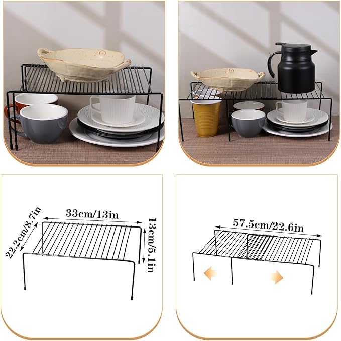 Kitchen Cabinet Organizer Expandable Storage Shelves Cupboard Spice Shelf Rack with Scratch Resistant Feet Metal Kitchen Counter Shelf Freezer Shelfs Rack for Counter Pantry Dish Spice (Black)