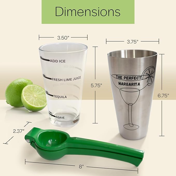 The Perfect Margarita | Easy to Use Margarita Cocktail Shaker Kit | Single & Double Recipes | No Jiggers or Measuring Tools Needed | Bartender Quality Shaker and Hand Juicer | Home Bar Accessories