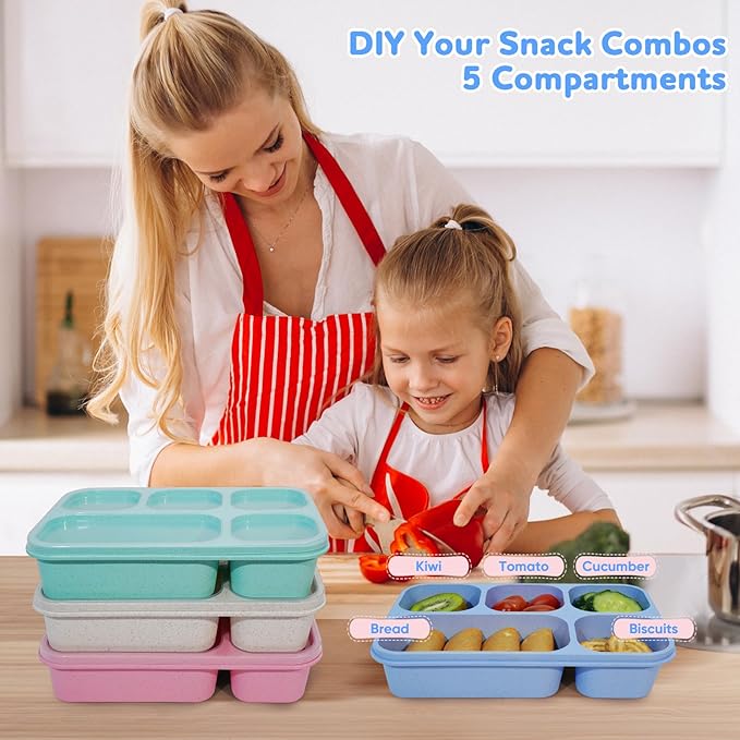 Bento Box Adult Lunch Box 4 Pack, 5 Compartment Snack Containers with Lids, Divided Food Storage Containers, Reusable Meal Kids Bento Lunch Boxes for School Home Travel