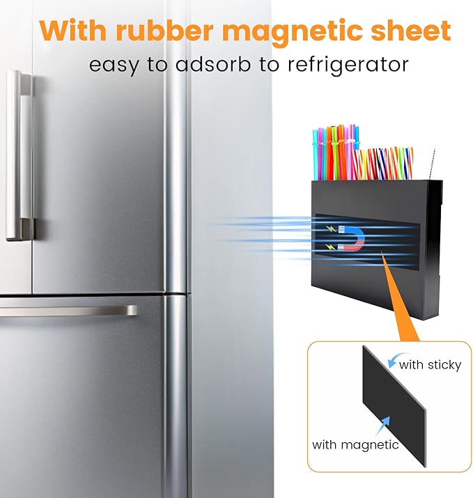 Acrylic Straw Holder, Straw Organizer Dispenser with Two Pieces Rubber Magnet Sheets, Drinking Straw Storage Holder for Cabinet Door Fridge Counter Kitchen Office (Black)