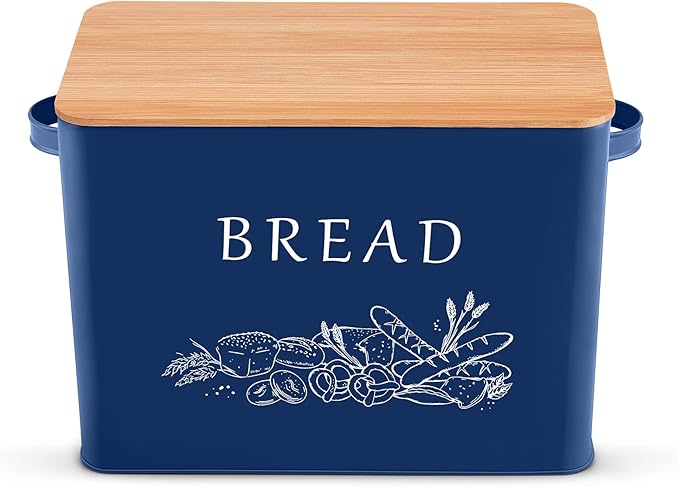 P&P CHEF Bread Box for Kitchen Counter, Metal Bread Storage Bin with Wooden Cutting Lid, Large Capacity for Holding 2+ Loaves, Retro Modern Style, Size 13” x 7.2” x 9.7”, Blue