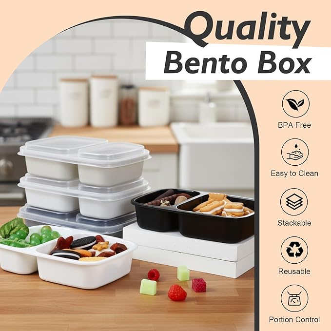 Honeydak 5 Pack Lunchable Snack Containers 2 Compartment Divided Bento Snack Boxes Reusable Meal Prep Containers with Lids Lunch Food Storage Box for School Work Travel(White Black)