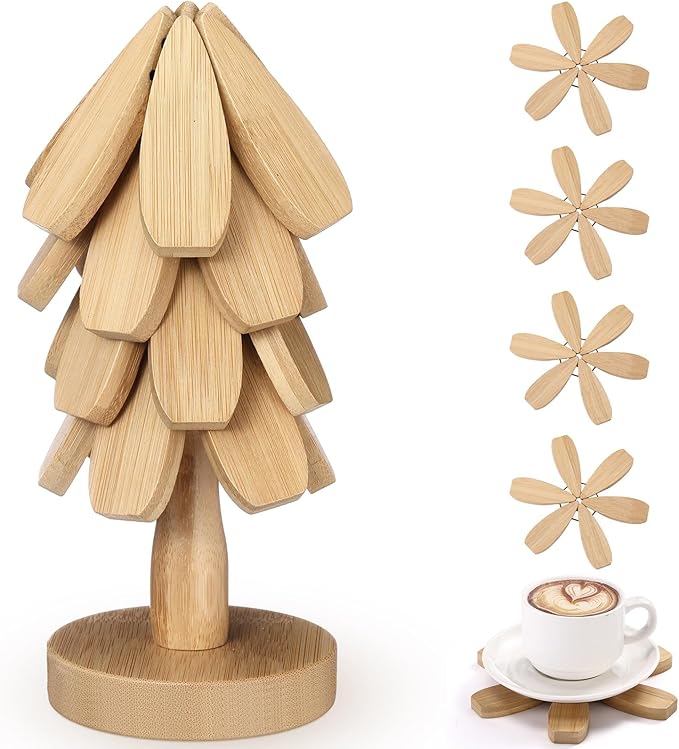 Wooden Christmas Tree Coaster Trivets Wood Trivets Set for Hot Dishes Set of 4 Christmas Tree Shape Foldable Wooden Coaster and 1 Stand Natural Trivet for Cups Plates Bowls Pots(Burly Wood Color)