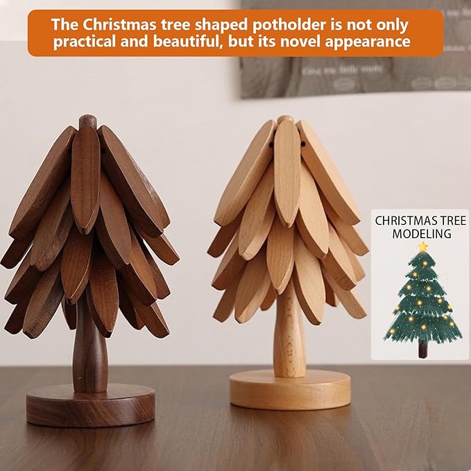 Wooden Trivets for Hot Dishes, Tree Shape Trivet Set, for Hot Dishes, Pot, Bowl, Teapot, 5 Wooden Trivets+1 Stand, Like a Christmas Tree, Natural Foldable Kitchen Wooden Trivet (Walnut Wood)