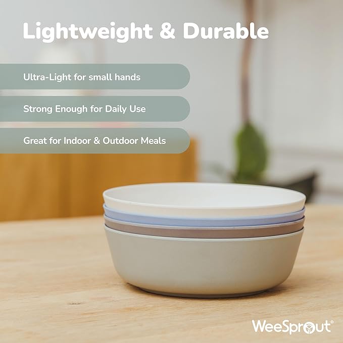 WeeSprout Bamboo Kids Bowls, Set of Four 15 oz Kid-Sized Dinnerware, Cereal, Leftovers & Snack Bowl, Dishwasher Safe (Blue, Yellow, Orange, & Red)