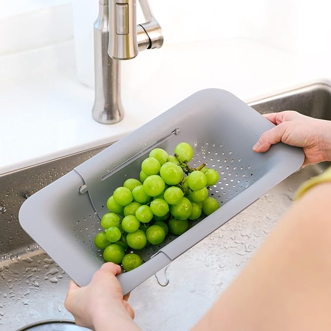 BLUE GINKGO Sink Colander Baskets - (Pack of 2) Wash Vegetables and Fruits, Drain Cooked Pasta and Dry Dishes - Extendable - New Home Kitchen Essentials (2 Grey)