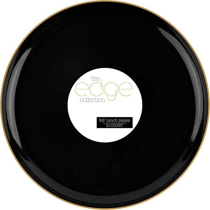 PLASTICPRO [30 Count 8.6 Plastic Party Plates Edge Collection Black with Gold Rim Premium heavyweight Elegant Disposable Tableware Dishes (Black With Gold Rim,