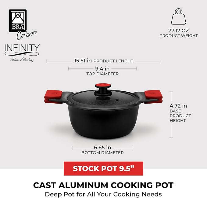 BRA COOKWARE Infinity Nonstick Stock Pot w/Glass Lid | 9.5 Inch 3.8 Quart Cast Aluminum Cooking Pot | PFOA/PFAS Free Deep Pot | All Cooktops (incl Induction) | Removable Silicone Handle