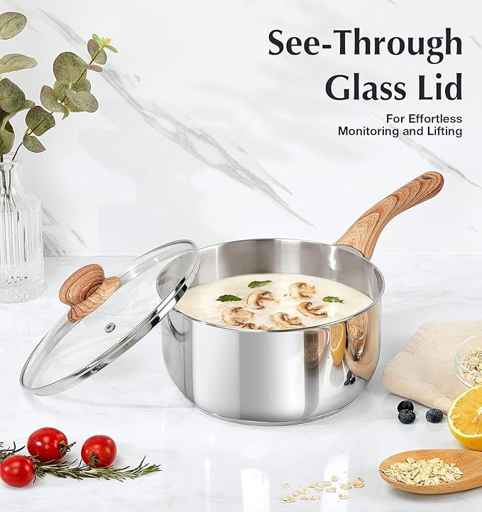 KOCH SYSTEME CS Stainless Steel Saucepan Set with Steamer, 18/10 Stainless Steel Pots 1QT& 2QT & 3QT, Sauce Pan Set with Cool-Touch Handles, Tri-Ply Steel Base, Induction Compatible Pots