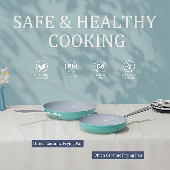 Nonstick Ceramic Frying Pan 10" for All Cooktops, PTFE/PFOA/PFAS Free, Even Heat Distribution Oven Safe up to 500°F, Healthy Non Toxic Skillet w/ Ergonomic Stainless Steel Handle, Caribbean Blue