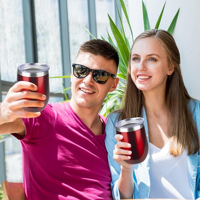 StarSpeed 12oz/8 Pack Wine Tumbler with lid, Stainless Steel Travel Mugs Stemless Double Wall Insulated Coffee Cup, Insulated Wine Glasses Travel Tumbler for Cold & Hot Drinks(Transparent Red, 8)