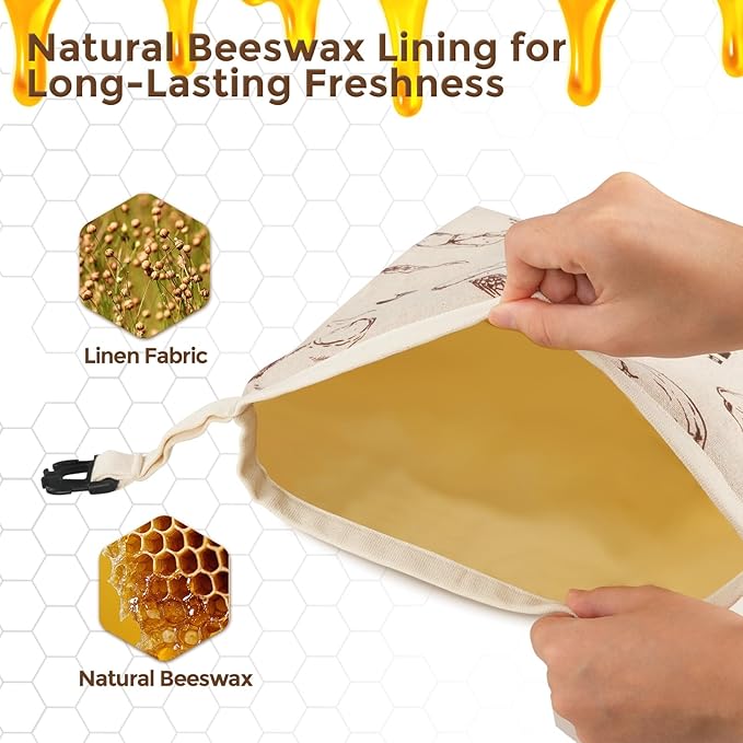 YARRAMATE Beeswax Bread Bags for Homemade Sourdough, Reusable Linen Food Storage Bags to Keep Loaf Fresh, Large Freezer Safe and Eco Friendly Bread Containers (17x13", 2 Pack)