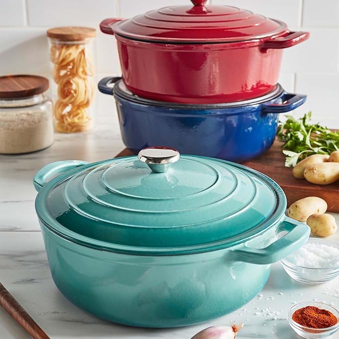 Sur La Table 7-Qt Enameled Cast Iron Dutch Oven – With Lid for Braising, Baking & Deep Frying, Induction Compatible, Oven to 500°F, Seals in Moisture for Flavorful Results, Light Blue