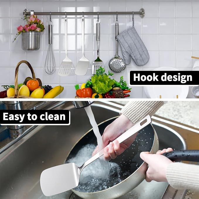 Stainless Steel Kitchen Utensils Set, 4-Piece – Slotted Turner, Solid Turner, Skimmer & Ladle – Rust-Resistant, Long Handle, Hanging Loop, Dishwasher Safe – Everyday Cooking & Serving