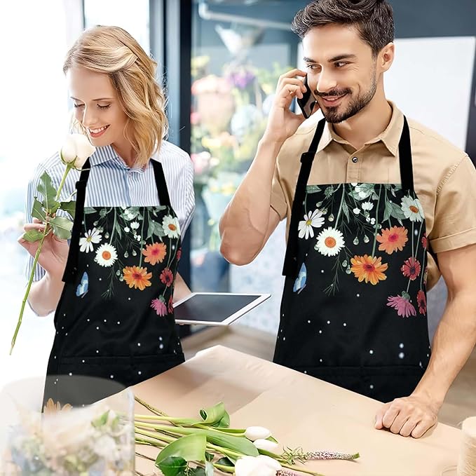 ASPMIZ Floral Apron for Adults, Waterproof Women Apron with 2 Pockets, Flower Cooking Aprons with Adjustable Neck Strap, Kitchen Apron for Washing Dishes, Gifts BBQ Grill 27.5 x 31.5 Inches, Black