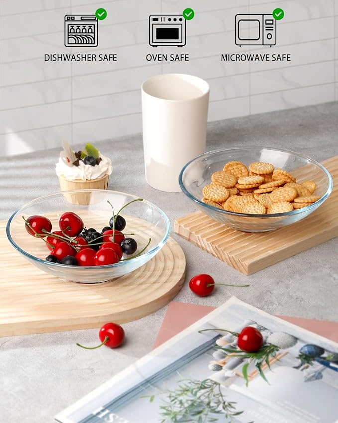 NUTRIUPS 2 Pack 7 inch Tempered Glass Bowls, 14oz Glass Cereal Bowls Set, Shallow Glass Dessert Serving Bowls, Clear Glass Bowls for Kitchen, Salad, Soup, Ice Cream and Candy