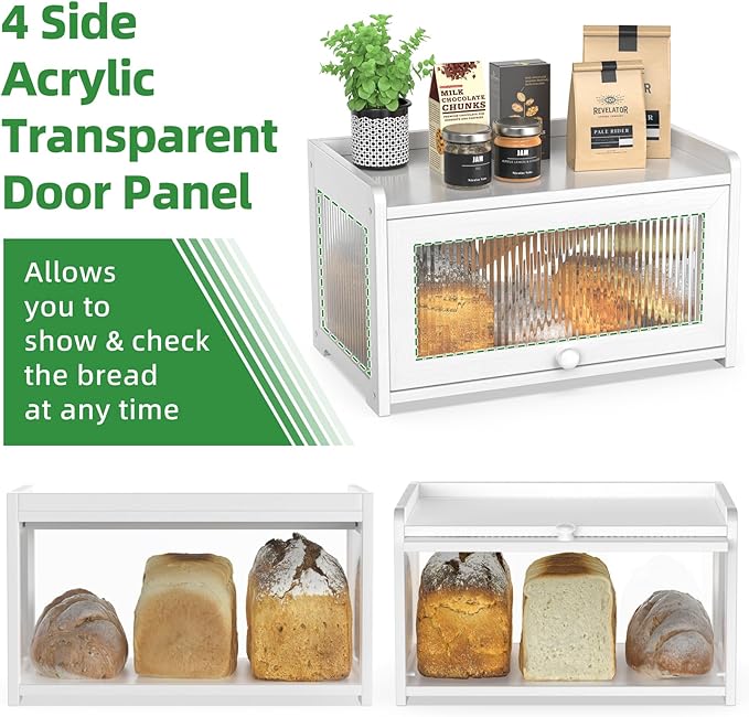 BAMBANG Bamboo Bread Box for Kitchen Counter, Large Capacity Bread Storage Container Farmhouse Bread Box with 3 Sides Wavy & Back Clear Window, Breadbox Bread Bin Holder for Homemade Bread, White