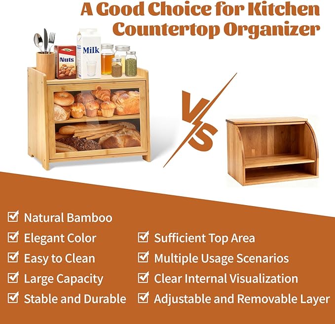 Bamboo Bread Box for Kitchen Countertop, Double Layer Large Capacity Bread Storage Cabinet with Removable Cutting Board, Farmhouse Breadbox Container Organizer Bins for Pantry Shelf Cupboard (Natural)