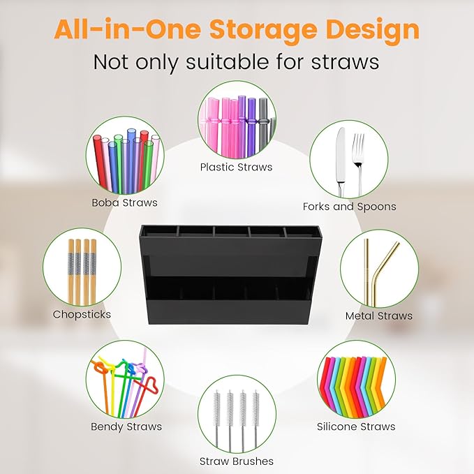 Acrylic Straw Holder, Straw Organizer Dispenser with Two Pieces Rubber Magnet Sheets, Drinking Straw Storage Holder for Cabinet Door Fridge Counter Kitchen Office (Black)