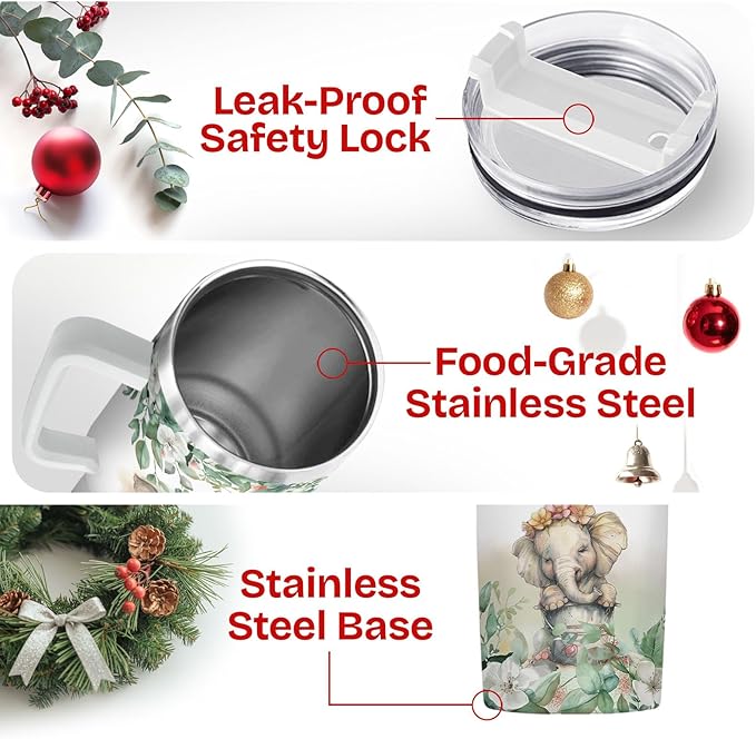 34HD Gifts for Women, Stainless Steel Tumbler with Lid, Coffee Travel Mug, Double-Wall Vacuum Insulated Tumbler, Leak Proof Drinking Cup, 40 Oz, Baby Elephant