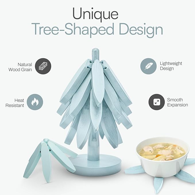 Wooden trivets for hot Dishes – 4 Tree-Shaped Coasters & 1 Stand for Hot Pots, Dishes | Heat-Resistant, Space-Saving Pot Rest & Cozy Kitchen Decor, Tree Trivets for Counter + Special Bonus (Sky Blue)