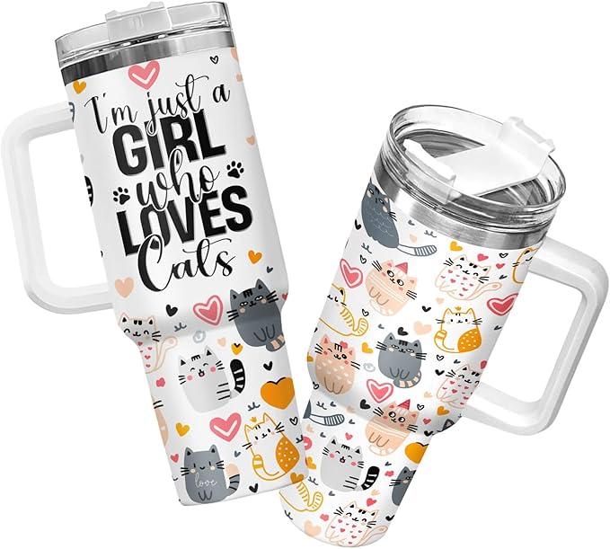 34HD Just A Girl Who Loves Cats Tumbler with Handle and Straw, 40oz Stainless Steel Vacuum Insulated Coffee Mug with Cats, Cat Mom Gifts for Women Birthday Mothers Day Christmas