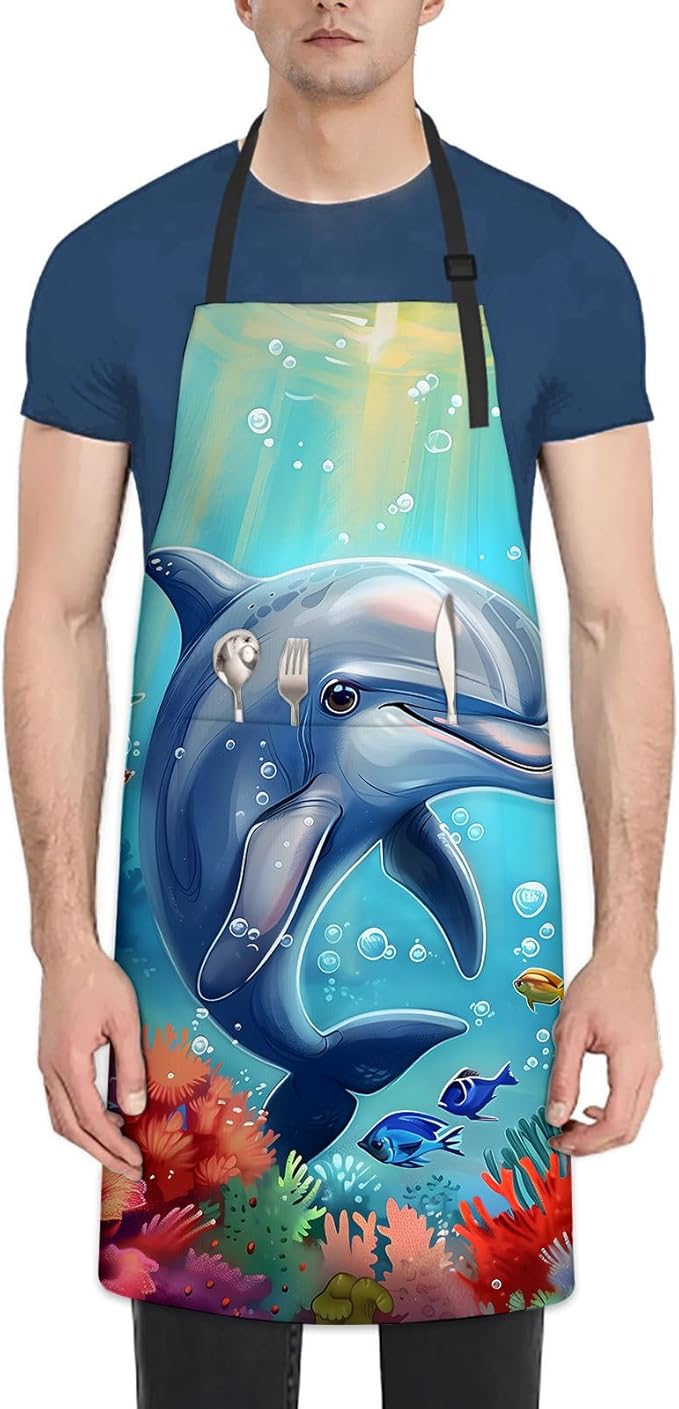 Cute Dolphin Apron for Women Men, Oxford Fabric Kitchen Cooking Chef Aprons