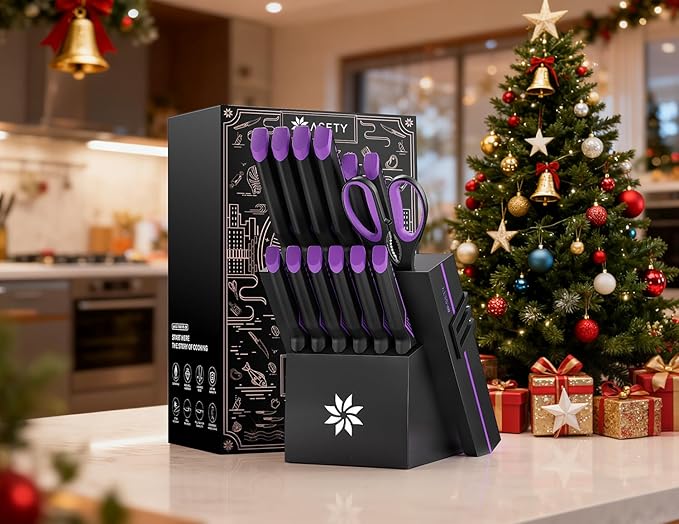 Knife Set - 15 PCS Kitchen Knife Set with Built-in Knife Sharpener Block - Stainless Steel Knife Block Set - Dishwasher Safe, Christmas Elegant Box for Men Women