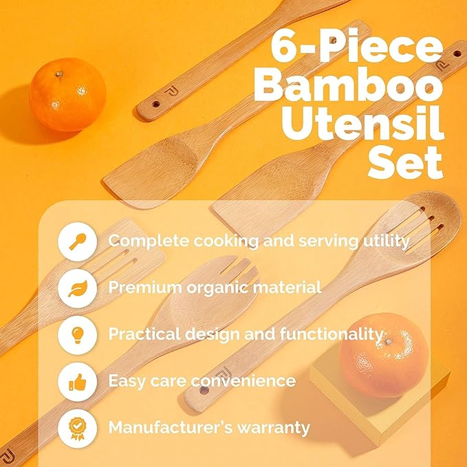 Wooden Spoons for Cooking 6 Piece - Wooden Cooking Utensil Set Nonstick Bamboo Cooking Spoons & Spatula Premium Kitchen Utensils Set Christmas Housewarming Gifts