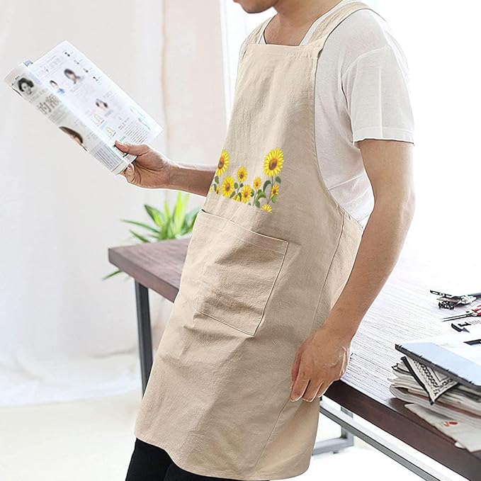 Cotton Linen Apron Non-tie Cross Back Kitchen Apron with Pockets Soft Comfortable Durable for Cooking Baking Gardening (Khaki,Sunflower)