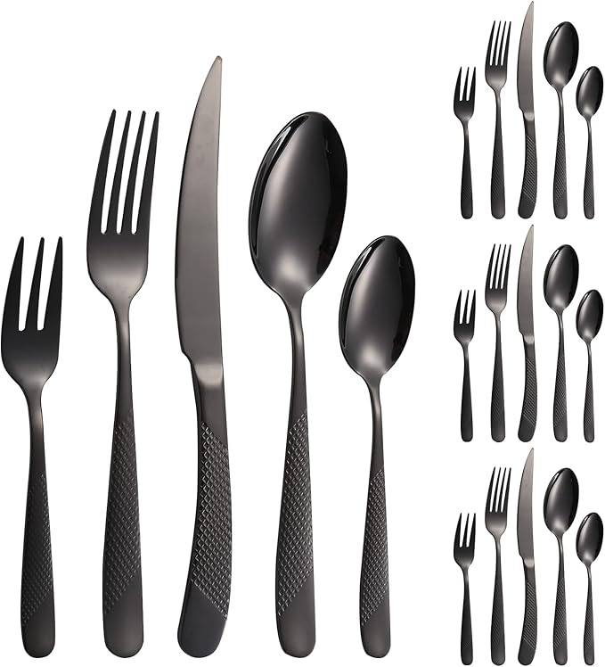 A·HOUSEWARE Black Silverware Hammered Flatware Kichen Stainless Steel Cutlery Set for 4 include Metallic Forks Knives Spoons 20 Pieces Utensils Restaurant Parties Everyday Use