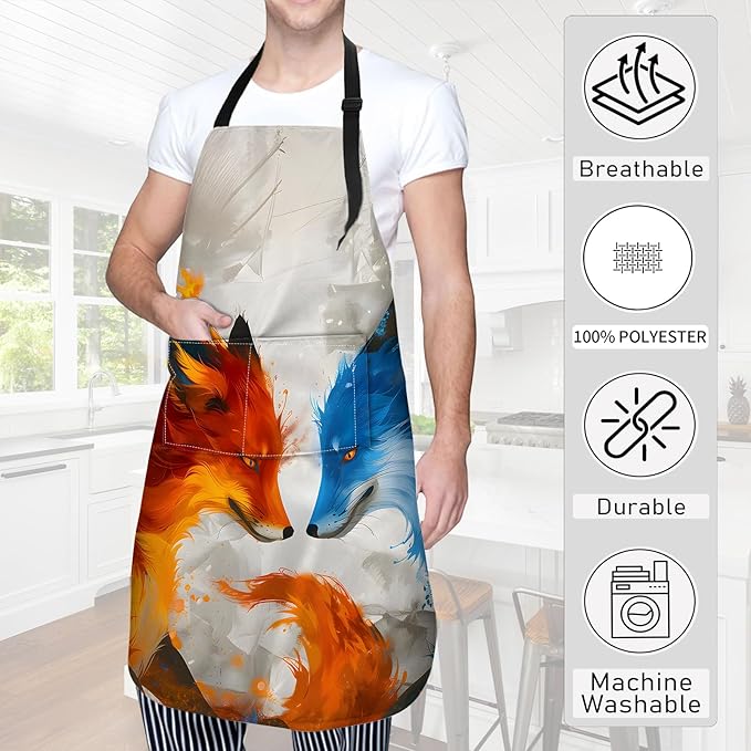 Fox Apron,Oxford Fabric Adjustable Kitchen Apron with 2 Pockets,Waterproof Cooking Aprons for Men Women Mom Wife Dad,Ideal Gifts for Coffee House,Shop,Baking,BBQ,Housewarming,28x33in