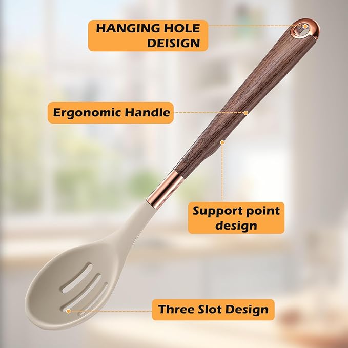 MANJIA Silicone Spoons Set, Nonstick Silicone Slotted Spoon & Solid Spoon Set, Serving Spoons kitchen Spatula for Cooking Fish, Eggs,Flipper, Cooking Utensils Set 2pcs (khaki-spoons)